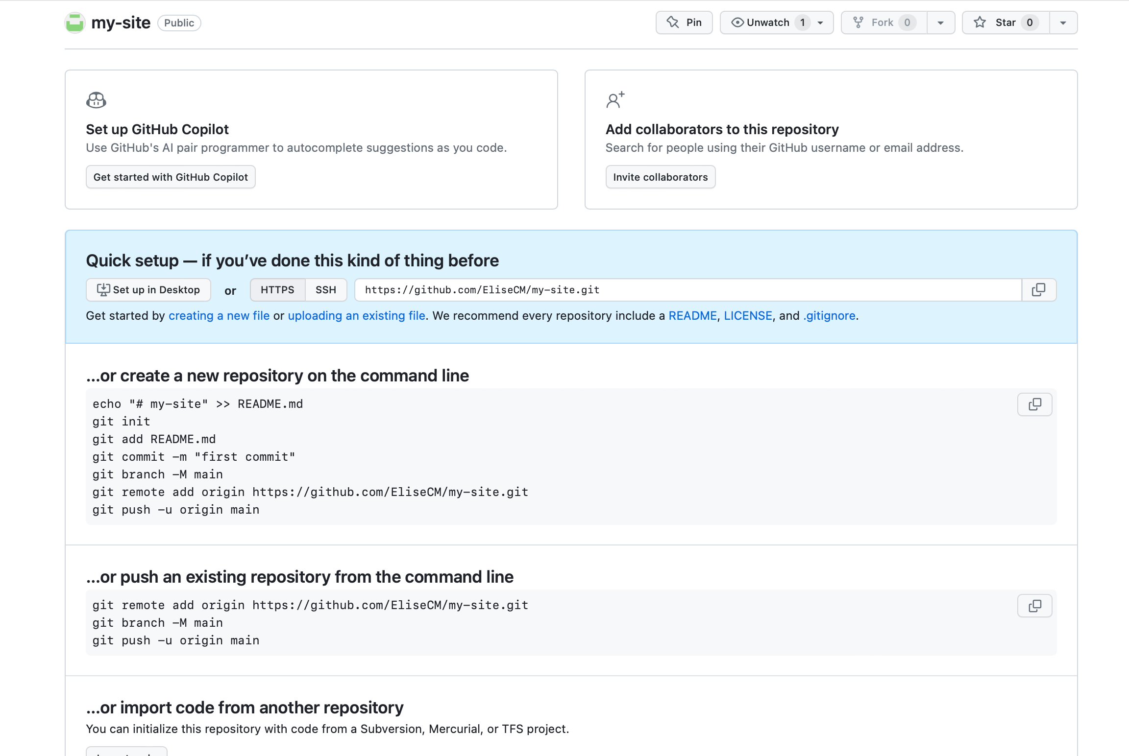 Screenshot of provided GitHub command lines